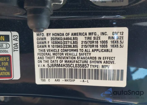 2012 Honda Cr-V Lx из США, поврежденный, VIN 5J6RM4H35CL035857